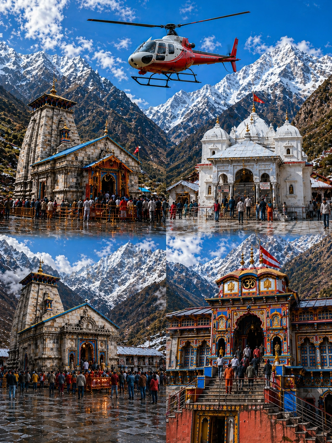 Aerial view of Yamunotri, Gangotri, Kedarnath, and Badrinath temples for Char Dham Yatra by helicopter