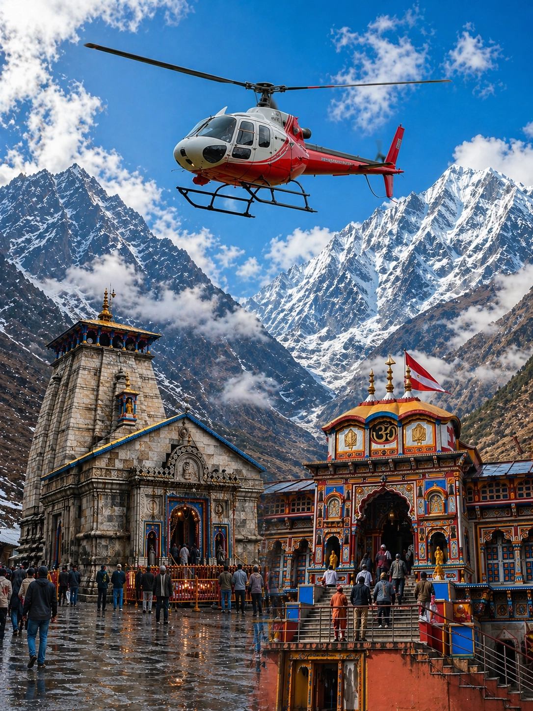 Helicopter flying over Kedarnath and Badrinath temples for Do Dham Yatra
